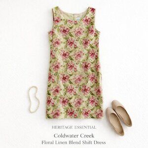 Coldwater Creek Floral Linen Blend Beaded Sleeveless Shift Dress Petite 10